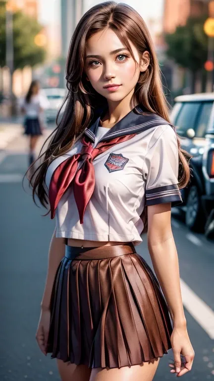 (2girls), Brown hair, Amazing face and eyes, Pink eyes, (hi-school uniform with wide open breasts:1.2), beautiful big breasts, bare breasts, (amazingly beautiful girl), Brown hair, (High School Uniform, Pleated mini-skirt:1.5), ((Best Quality)), (Ultra-det...