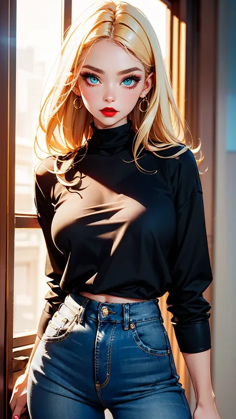  pixie style， A long looking messy blonde 、 Caucasian girl with light green eyes ， wears black high-waisted jeans and an oversized shirt，Rubbing red lipstick and makeup ， shows effortlessly elegant beauty and style ， moist and smooth skin ，