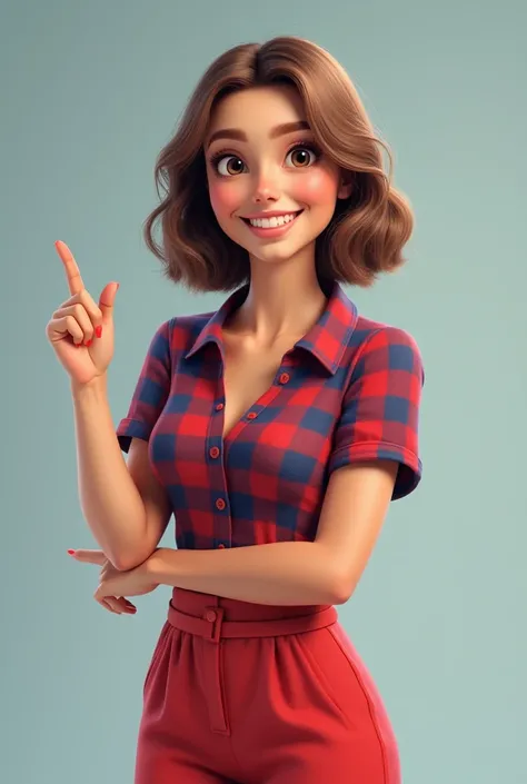 Smiling realistic woman ,  pointing at something with her hand to the right ,  wearing red and blue checkered shirt and jumpsuit