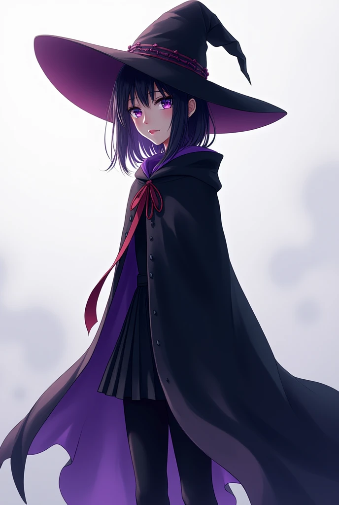 alone,  Anime Girl,  witch hat , medium black hair,  purple eyes,  Clear skin,  black and purple cape ,  black clothes,  black pants.
