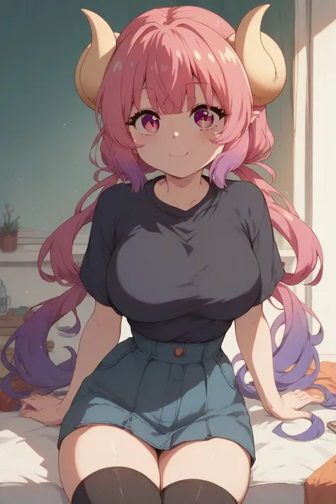 Ilulu, thighs, long shirt, busty, black shirt, thighhighs, small waist, multicolored hair, long hair, cute, horns 