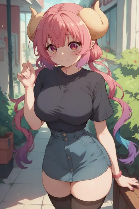 Ilulu, thighs, long shirt, busty, black shirt, thighhighs, small waist, multicolored hair, long hair, cute, horns 