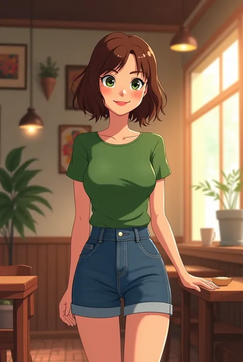 Generate an anime-style illustration of Aunt Cass, a warm and charming woman in her early 30s, from Disney's Big Hero 6. Aunt Cass has short, rounded brown hair styled slightly wavy, and large expressive green eyes that convey kindness. She has a slender y...