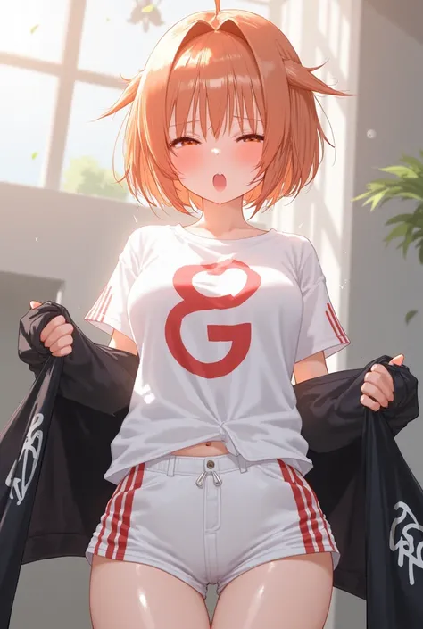  Medium Breasts, adult,  light orange hair and partially collected ,  tufts that fall around the face ,  short white t-shirt with a large  "g" red in front ,  two red lines on the sleeves of the t-shirt ,  white shorts with red lines on the sides ,  black ...