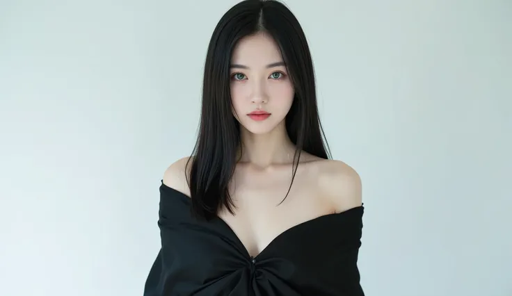 A young girl of about  20 years old. With long, straight black hair. Green eyes. A white lock. A small nose with a slight hump. Full, red lips. Snow-white skin. With a delicate and graceful figure. Approximately 160 cm tall. She is dressed in black. Let he...