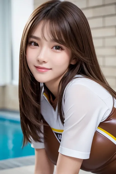  latex cheerleader uniform、  knee-high boots 、 face close-up、
Huge 、 long brown hair、Sparkling,  oily skin、 growing skin、Indoor competition pool、 white skin、Flying debris,  best quality ,  realistic,  very detailed, finely,  high resolution,  8k Dende wall...