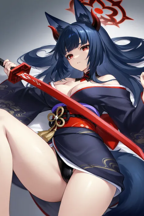  fox ears、Dark blue hair、 long hair、Fox Tail、Dos black red eyes、フード付きFeather毛Feather衣、 best thighs、 Genshin、Feather、Swarm of crows、Red Sword、Halo、 beautiful skin、Clear shadows、 kimono。Demon Horns、front