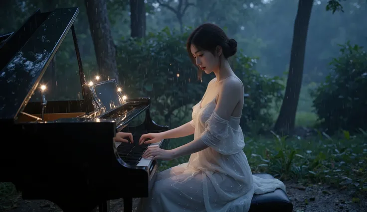 cinematic, A beautiful sexy Asian woman in a flowing, translucent sexy transparent nightgown plays a grand piano in a magical, rain-soaked forest. Raindrops shimmer like diamonds on her skin and the piano keys. The scene is ethereal and dreamlike. 8k, phot...