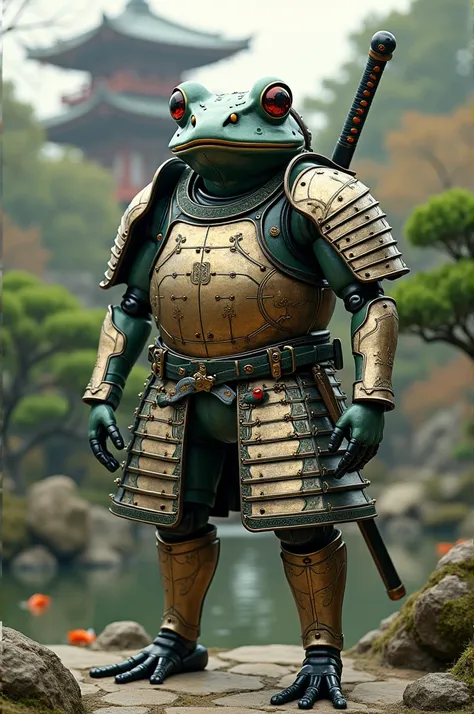 A frog robot dressed as a samurai 