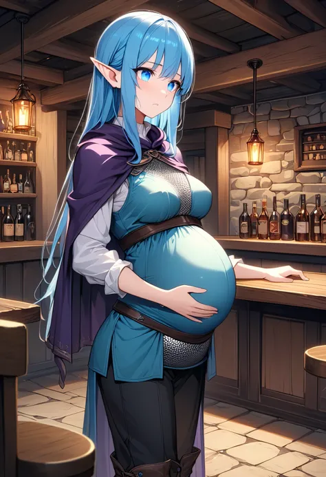 High Resolution, Masterpiece, 4K, tavern interior, night, 1girl, blue hair, long straight hair, medium breasts, blue eyes, half elf ears, chainmail vest, cyan tunic, purple cloak, black pants, wrapped boots, standing by counter, uncomfortable expression, p...