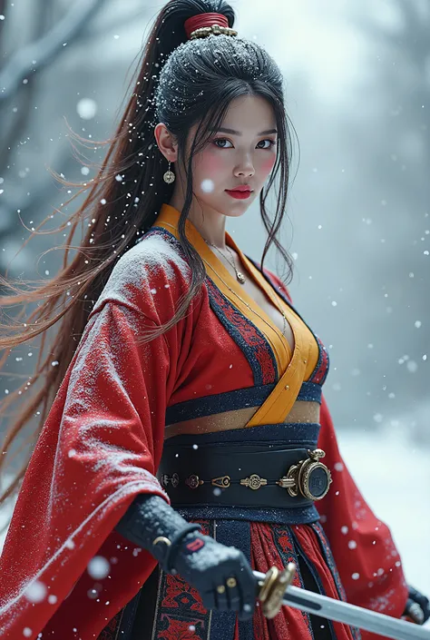 Super detailed super full body portrait of an extremely beautiful and charming female samurai, with a well-proportioned face, long hair mixed with red, yellow and blue, cascading down her back. She is wearing a beautiful royal samurai dress as snow falls o...