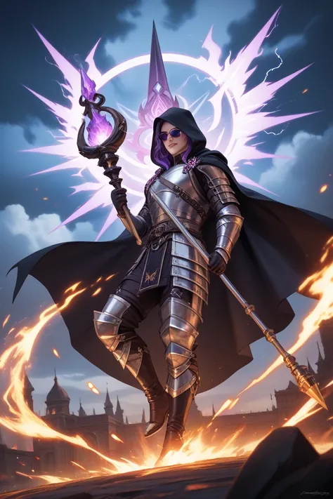  A dark figure wrapped in a black cloak and hood , with purple eyes, wearing a mystical mask shimmering in shades of purple.  Your body is adorned with detailed armor and arcane inscriptions that emit an intense purple light.  He holds an ancient and ornat...