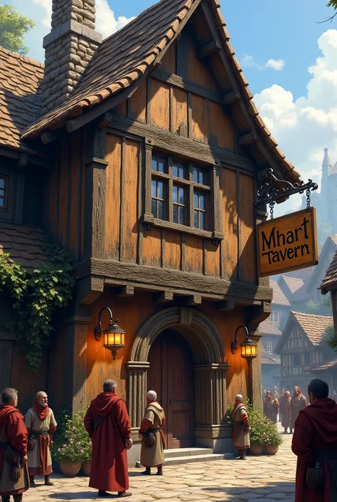 Create the front of a medieval tavern in the middle of a village