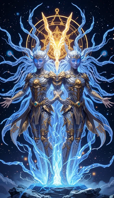 An imposing figure representing the power of the sign of Gemini, manifested in the form of two identical celestial warriors, interconnected by a pulsating aura of blue and gold energy. Their armor is made of ethereal crystal and liquid silver, reflecting a...