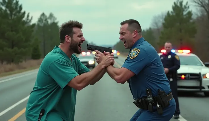 "A dramatic, high-quality digital image of a tense confrontation between a police officer and a man wearing green medical scrubs on the side of a road. The police officer, dressed in a blue uniform with a badge and utility belt, is holding a handgun, but t...