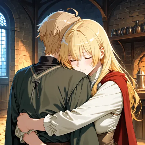 Love couple, 1 blonde woman and Rudeus Greyrat, hugging each other, medieval room in background, masterpiece, best quality, High resolution 