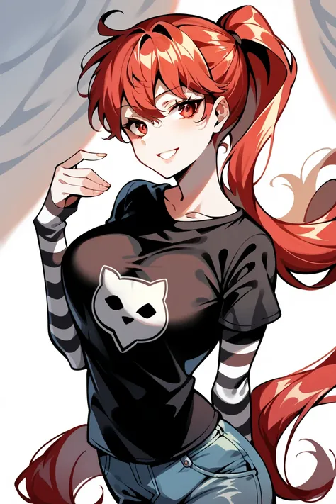 1 girl, solo, black short sleeve t-shirt, layered sleeves, white long sleeves, jeans, defSumi, red hair, red eyes, long ponytail, black t-shirt over white long sleeves, large breasts, confident smile, striped sleeves, black and white stripes