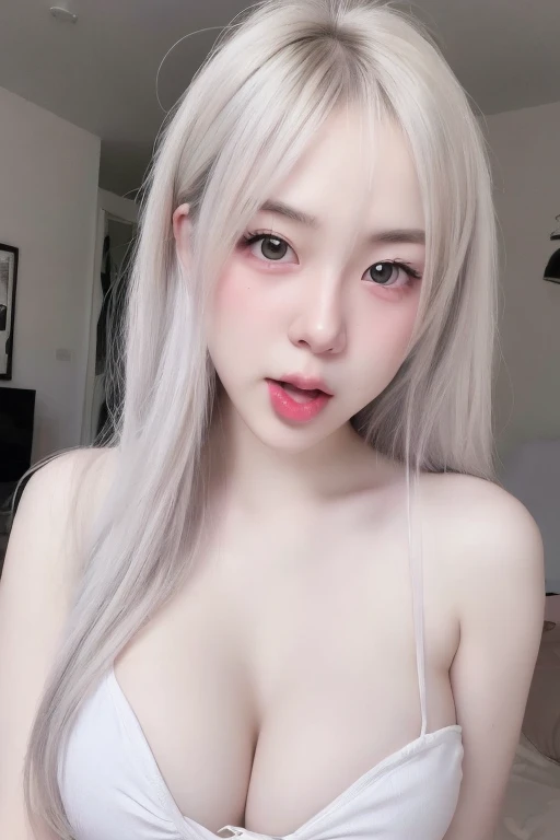 (realistic、masterpiece、Best Quality、8K、highres、high resolution:1.3)、1 girl、 (((ahegao face:1.5,Bukkake:1.3,cum everywhere,sperm))), Gigantic breasts, full breasts, cleavage bulge, huge cleavage,red lips,white bikini,pale white skin、looking at viewers、super...