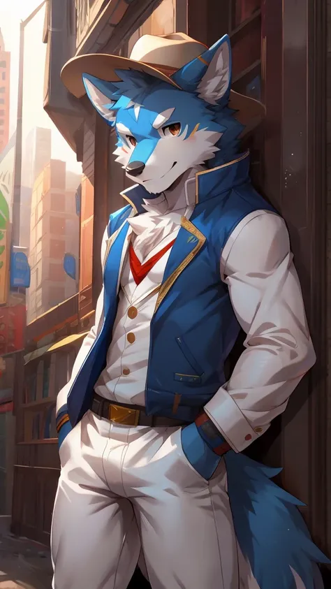 embedding:blue wolf，male, Brown eyes, Single Person,blue fur.The chest and abdomen are white fur.A film actor,Wearing a Hat,White bodysuitBrown vest, white jeans,Adult male,Handsome,Confident,Young,Tall,Best quality hands, best quality eye，detailed fur，Del...