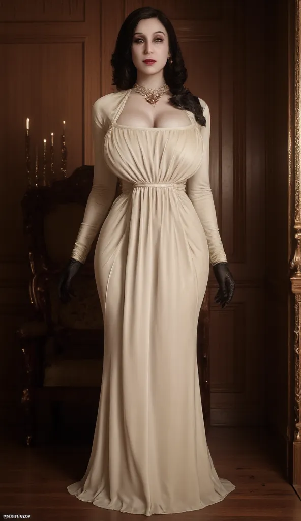 tall woman , adult woman , 30 years , lady Dimitrescu ,  perfect body,   big boobs big ass , wearing a long dress , fair on the body ,  black hair , vampires , She's under your control , Corrupted mind now she's just a puppet , She awaits your command 