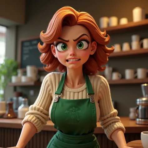 A very clear ultra hd image of " "A highly detailed 3D-rendered digital painting of an angry female barista with striking green eyes and wavy auburn hair. She is wearing a green Starbucks apron over a beige sweater, clenching her fists on the counter while...