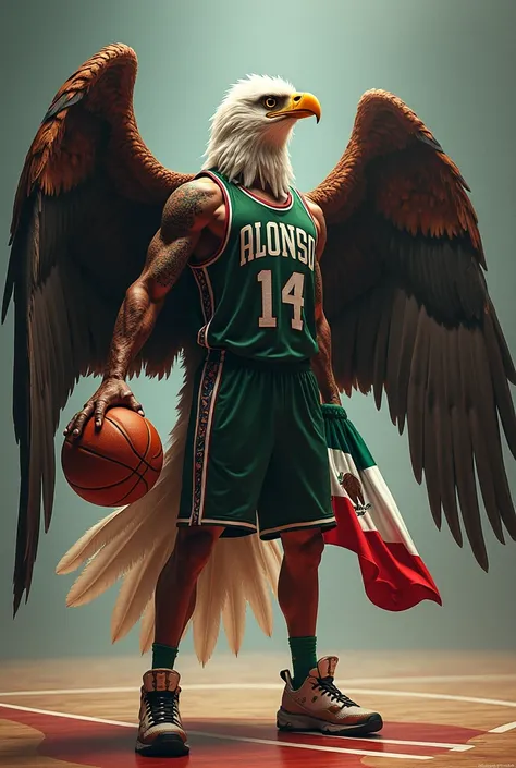 An eagle in the form of a basketball player with the inscription ALONSO BASKETBALL STARS AND WITH THE MEXICAN FLAG IN HAND