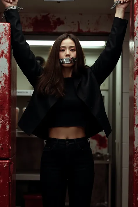  Jenny is wearing black pants and a black t-shirt with a black jacket in a bloody butcher's refrigerator; Her hands are tied with a chain and stretched high above her head    ,     her mouth covered with silver tape    .