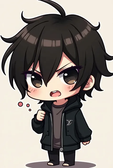 An annoying but cute little chibi from jk with, cabello marron oscuro, angry, no infsntil. Negro ropa y mas serio, colores blanco o negro,  black eyes, dark look, semblante angry y mas chibi