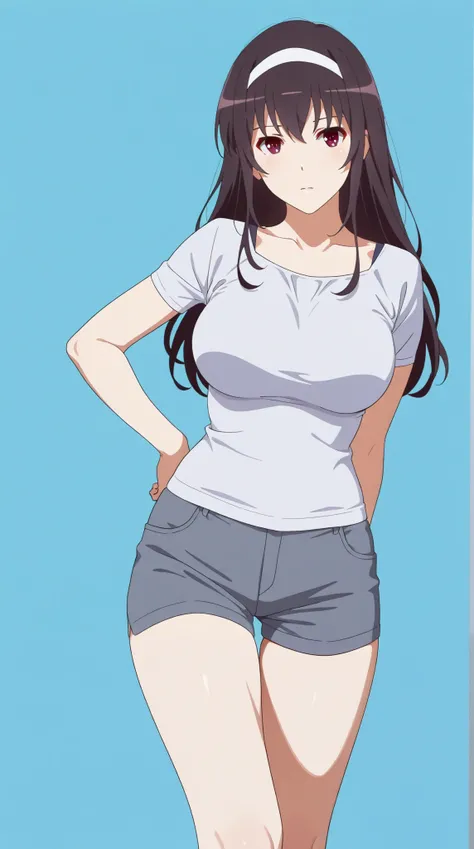 masterpiece, extremely detailed,4k,solo,1girl,adult ,((fullbody)),kasumigaoka utaha,slim body, sexy legs,perfect body,large breasts,housewife,grey short pants, oversize white tshirt, soft light, high detailed, best quality, upper body,, blue plain backgrou...