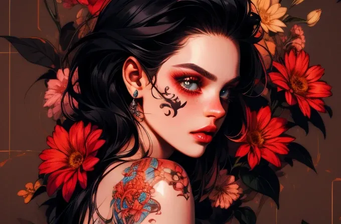 1girl, black hair, flowers tattoo on the body, lips black tattoo  