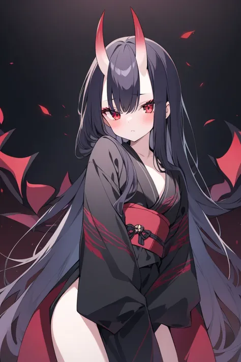  long hair　 black kimono　 beautiful girl　Oni no Tsu's　 demon girl 　 red eyes