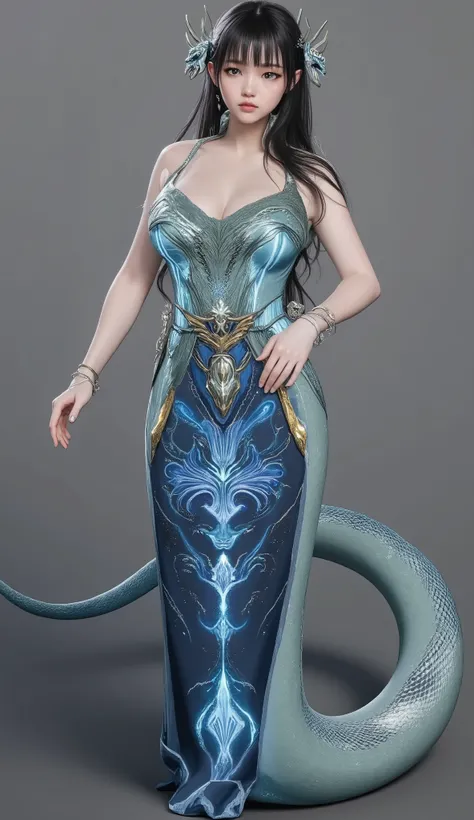 Snake Woman.a female character with a serpent-like lower body.Her upper body is human, but her lower body is serpent-like.A stunning Lamia with a slender, long snake tail , the body of a graceful, beautiful elf girl. She has long, flowing hair and exquisit...