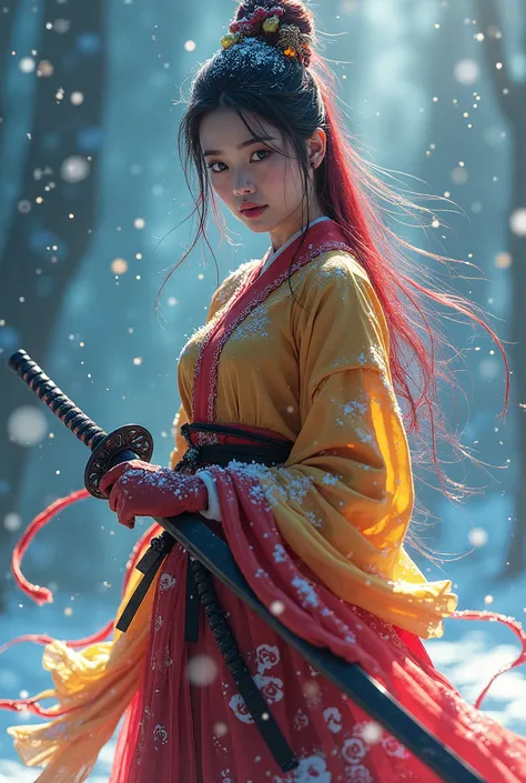 Super detailed super full body portrait of an extremely beautiful and charming female samurai, with a well-proportioned face, long hair mixed with red, yellow and blue, cascading down her back. She is wearing a beautiful royal samurai dress as snow falls o...