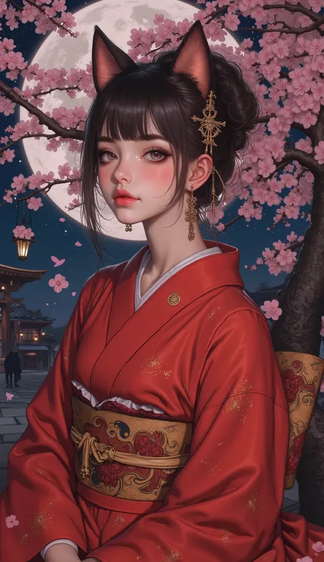  This is extremely detailed ,  Digital illustration of a young woman wearing a red kimono ,  Plump lips、 Photorealistic Style .   The subject is a light-skinned woman with a pale complexion  , length,   characterized by wavy black hair peeking out in .  sh...