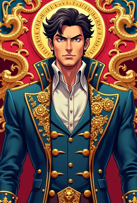 image Full details man gamer comics anime style Jojo bizarre adventure style, royal family coat of arms written featured:logo name Dom Carlos Backkground