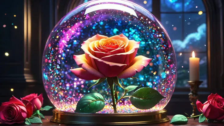 anime artwork letitflrsh, masterpiece, best quality, close up macro photo, sparkling magical fantasy glass dome tall rose, centered, symmetrical, very detailed, amazing quality, intricate, cinematic light, highly detail, beautiful, surreal, dramatic, fanta...