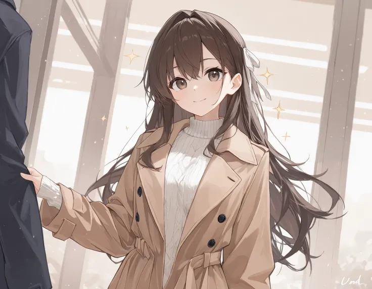 (Trench coat), outerwear, spring coat, long sleeves, long coat, long length, off-white color Wearing a knitted sweater as an inner layer, brown hair, hair behind ear, ribbon, anime, sparkle, ((masterpiece)), UHD, (textured skin), accurate, ((super detail))...