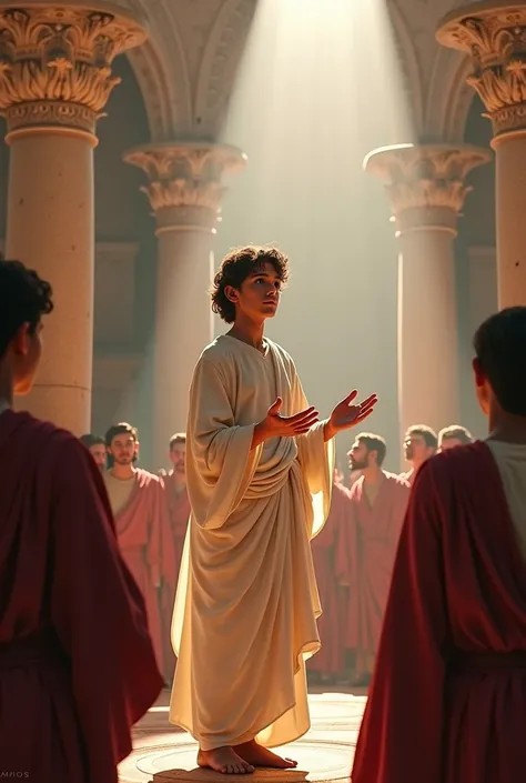 Twelve-year-old Jesus, Jovenil ,  wavy black hair , pele morena, com roupa branca, teaching in the temple 