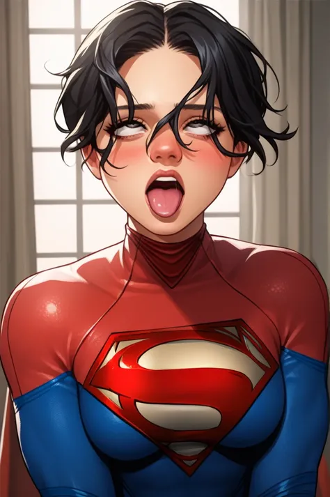 score_9, score_8_up, score_7_up, score_6_up, source_anime, BREAK, SupergirlTFXL, black eyes, black hair, short hair, curtain hair, medium breasts, superhero, bodysuit, red bodysuit, blue bodysuit, solo, front view, (v arms), (upper body:1.2), full body, ah...