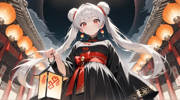 (character focus, from below, facing at viewer), panorama, (1girl, solo, beautiful Bun-style twin tails, white & gray hair), Lantern earrings, the earrings are luminous, Women's traditional clothing, holding a lantern in his hand, BREAK Beautiful and color...