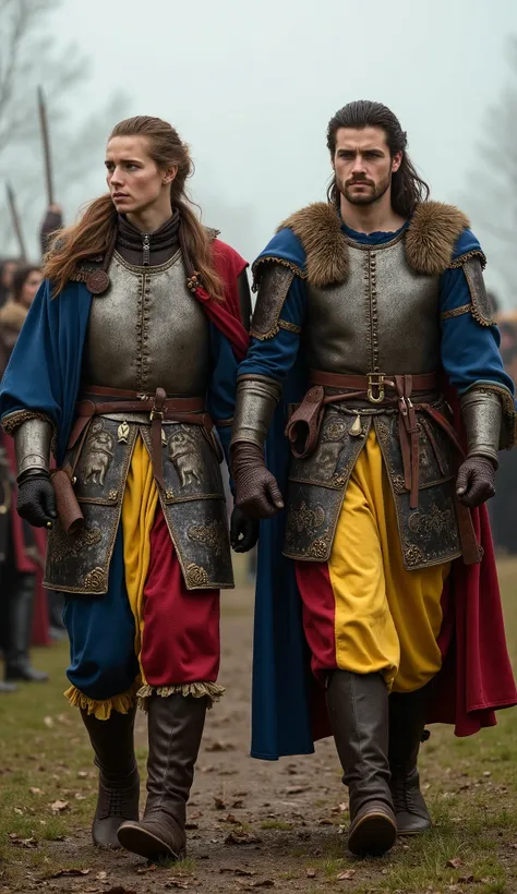 A handsome young Romanian warrior and a beautiful Romanian warrior maiden from the 13th century walk side by side, exuding charisma and strength. Both are 20 years old, with noble features and determined gazes. Their hairstyles reflect the warrior traditio...