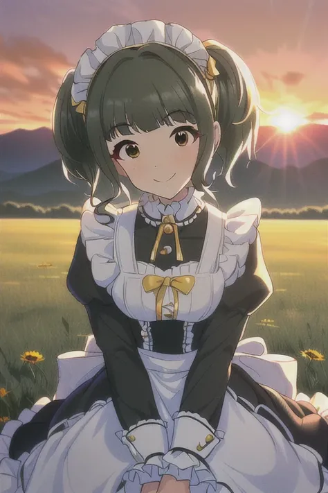  Masterpiece,  top quality,  Hi-Res, ,  The Idolmaster,   Maid headdress, , glass, frills,  Blog, Maid,  black dress,  puff sleeve,  Long Sleeve, Maid apron,   white apron ,  Seated ,  on the floor, Field, sunset, smile, twin tails,  yellow crunch,  black ...