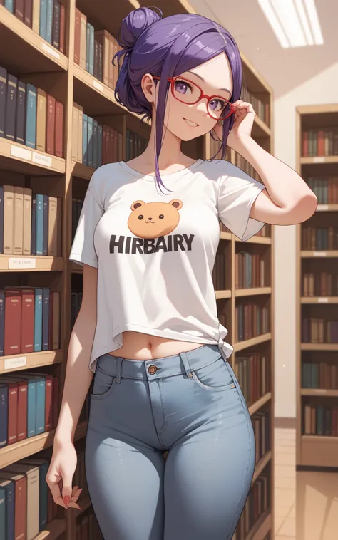 one female, purple  hair, parted bangs, romantic low bun, purple eyes, red glasses, Library, t-shirt, Smile,  Small Breasts, anime, Denim pants