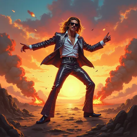 a dancing man, a mustache, brown hair, a disco suit, black sunglasses, a war field with explosions and gunfire at sunset in the background, rich details, a masterpiece, optimum quality, a full-length portrait