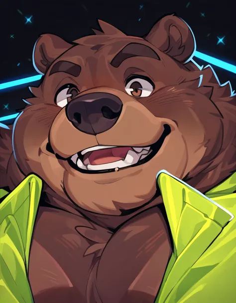 Close-Up Portrait: Excited obese Grizzly Bear flatbed-Driver; showing off his chartreuse safety shirt/uniform and charming smile; grand stature; Gray/Brown fur,, sparkling dark-brown Eyes, large smoothed muscles, Detailed body fur, burly huge stature; mas...