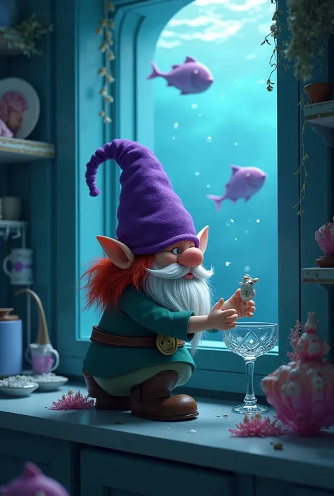  gnome with his back swimming in the kitchen to pick up an object from the shelf, pointed cap with curve at the tip , pointy ears, Pointy and long violet velvet cap,  red hair coming out of the violet cap ,  blue kitchen with crystal glasses , Shells on th...