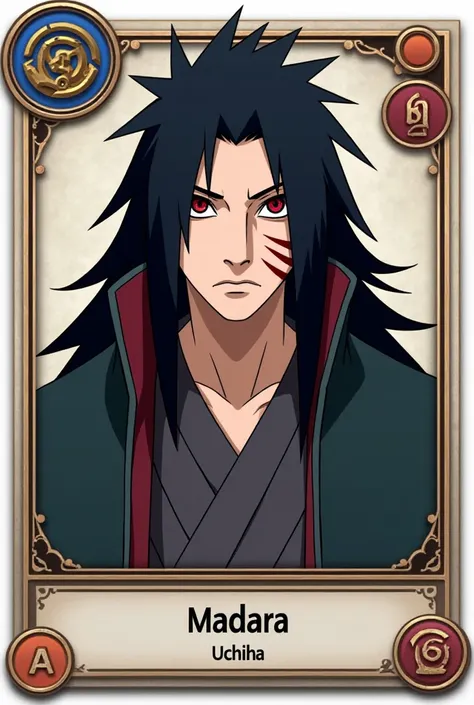 Madara Uchiha character card from the Naruto anime Cover — a card in  .png on the upper left corner of the cover indicate rank A and in the lower right corner indicate the number 600