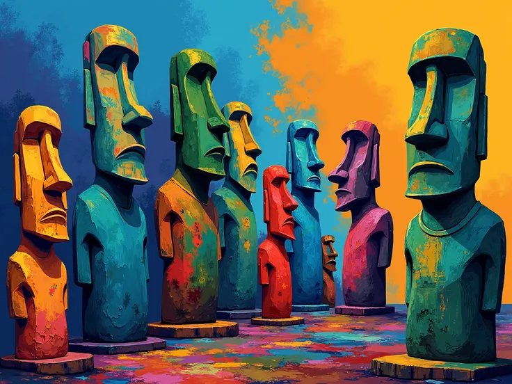 Picasso style colorful screen full of moai, no cover