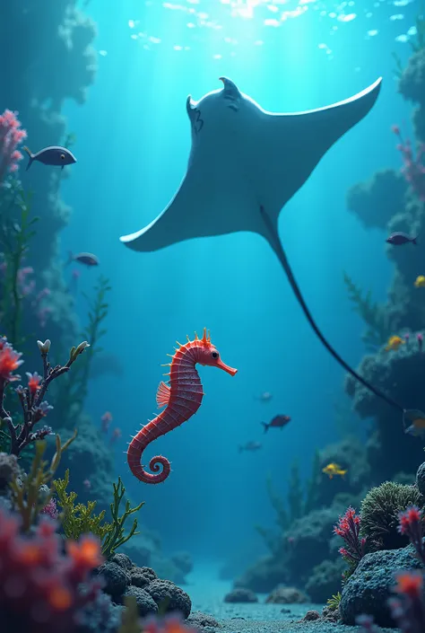 A manta ray and a sea horse in a natural environment 