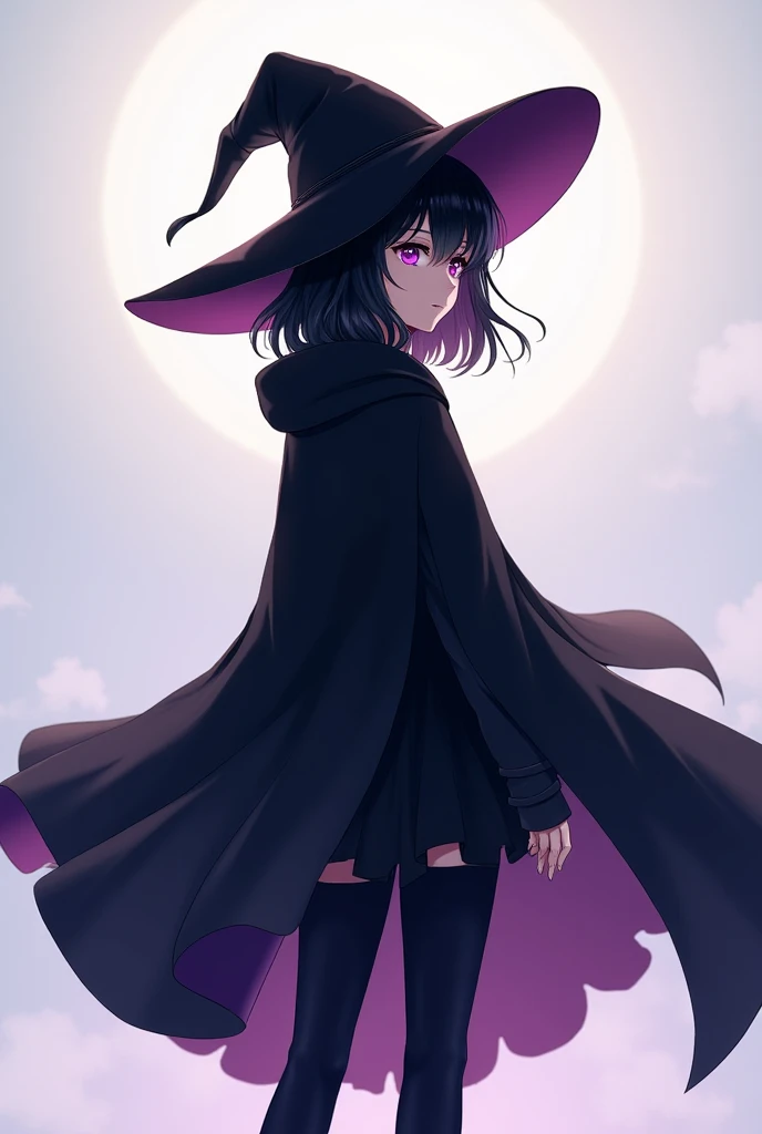 alone,  Anime Girl,  witch hat , medium black hair,  purple eyes,  Clear skin,  black and purple cape ,  black clothes,  black pants.
